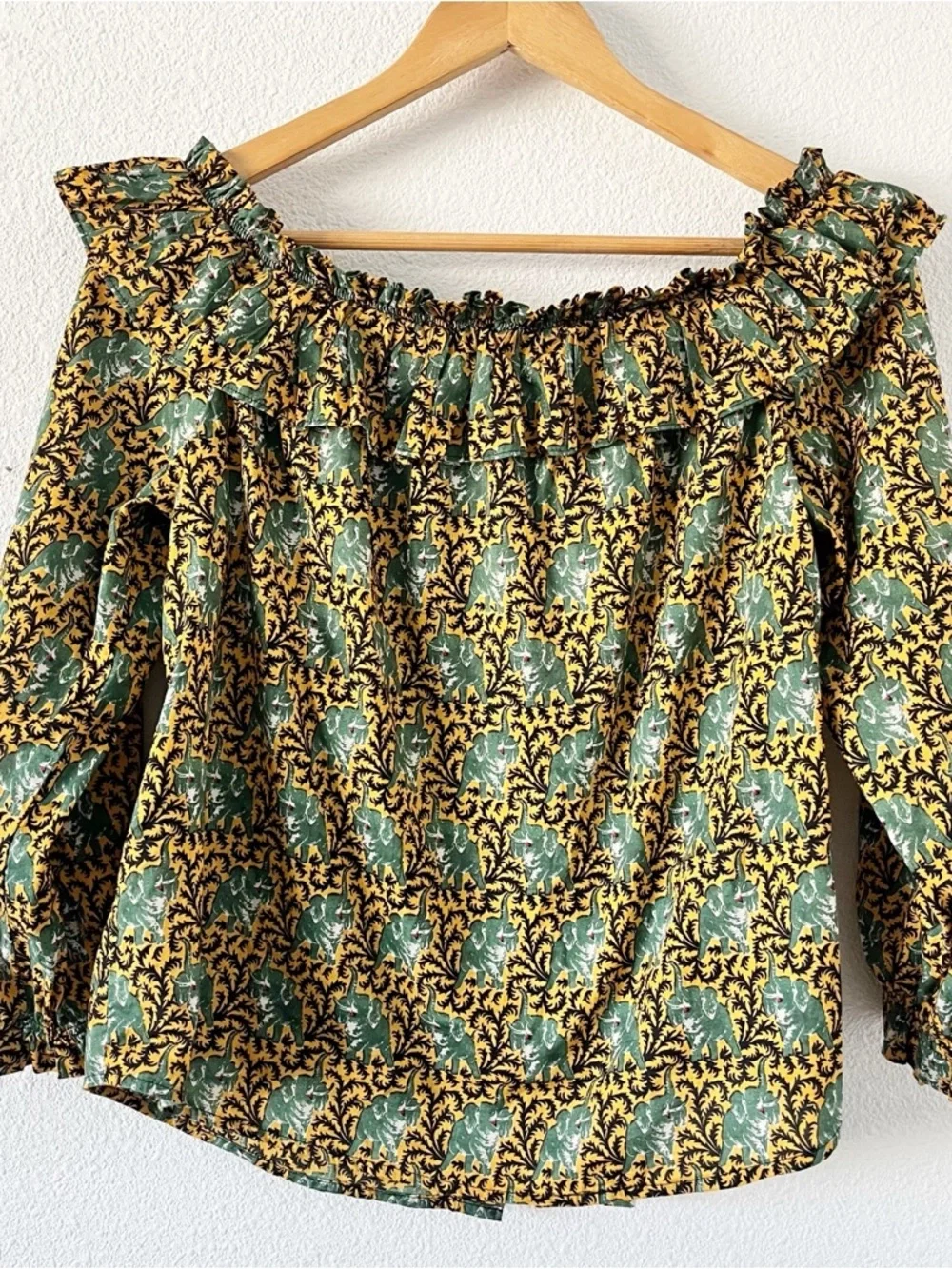 J.Crew Ratti Elephant Print Boho Peasant Blouse Green Gold Off Shoulder Top